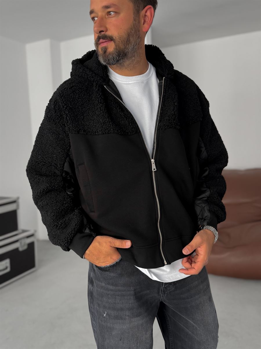 Quilted Sleeve Hooded Plush Sweatshirt