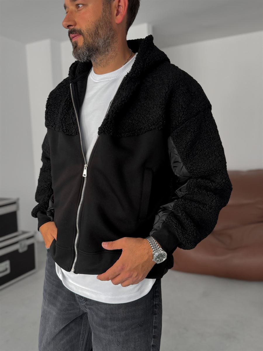 Quilted Sleeve Hooded Plush Sweatshirt