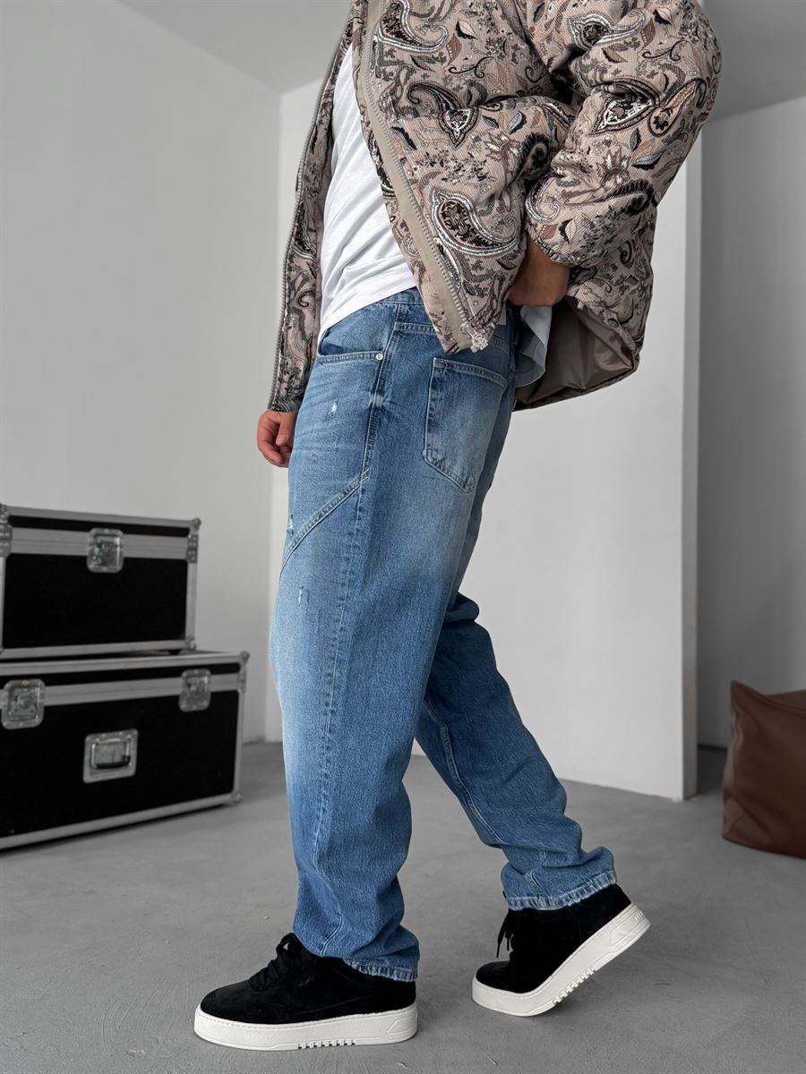 Diagonal Stitched Distressed Baggy Jean
