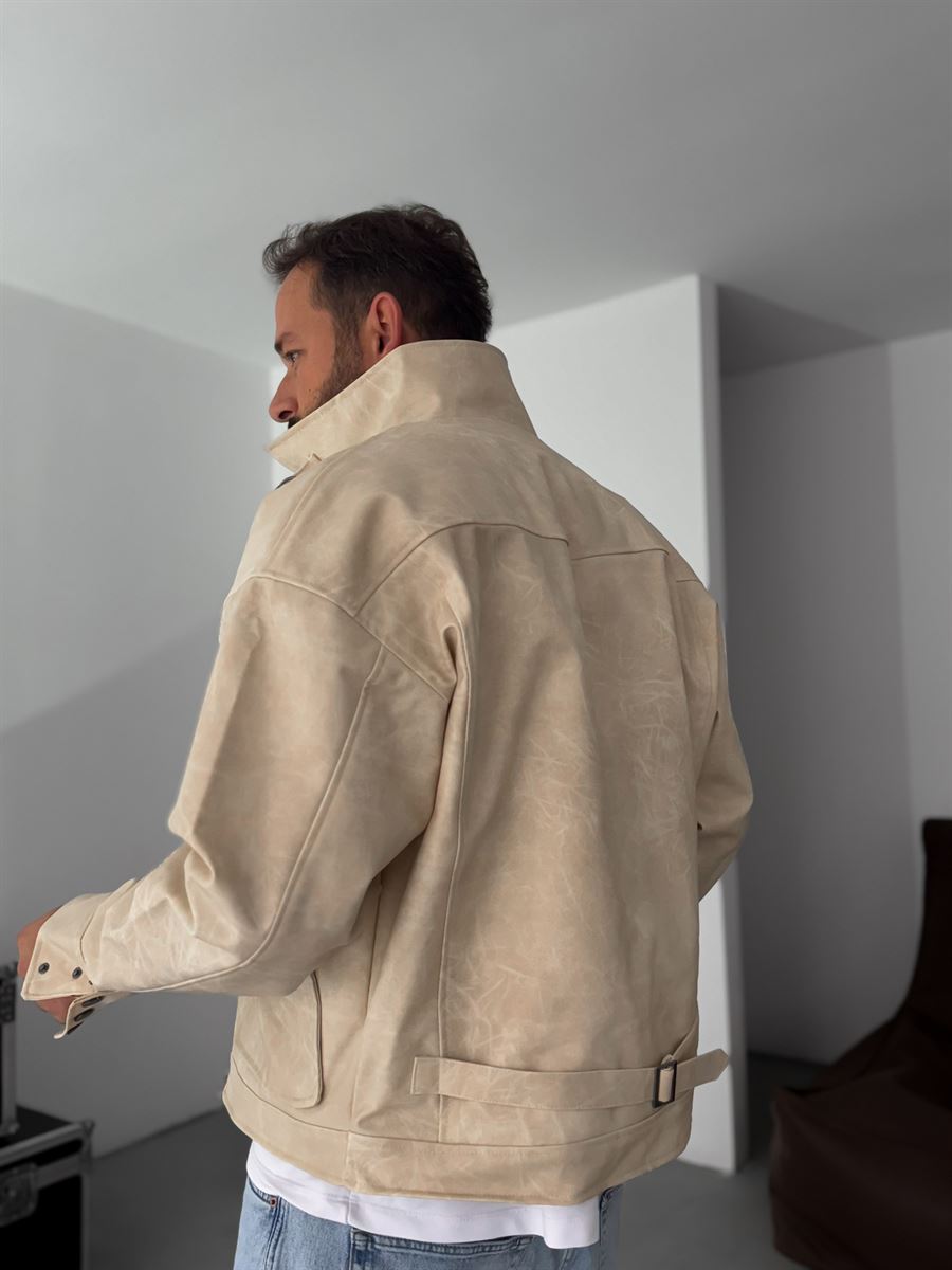 Double Pocket Effected Bomber Leather Jacket