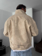 Double Pocket Effected Bomber Leather Jacket