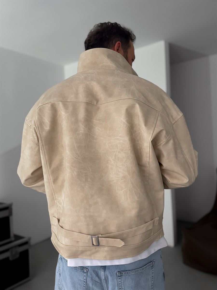 Double Pocket Effected Bomber Leather Jacket