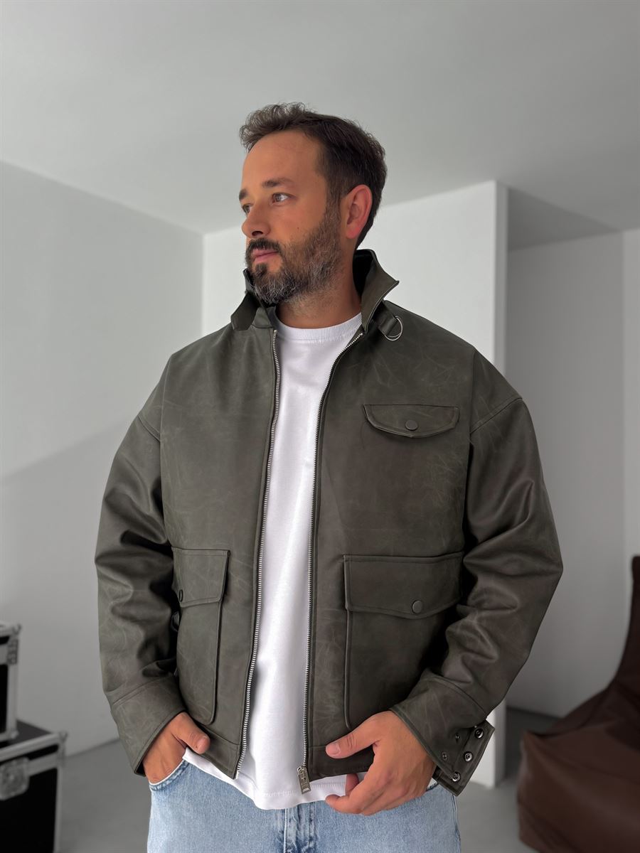 Double Pocket Effected Bomber Leather Jacket