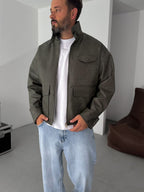 Double Pocket Effected Bomber Leather Jacket