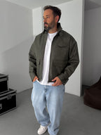 Double Pocket Effected Bomber Leather Jacket