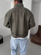 Double Pocket Effected Bomber Leather Jacket