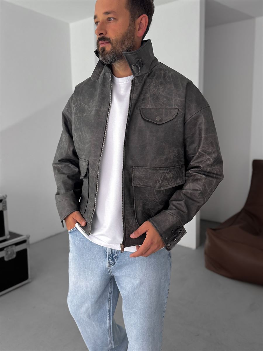 Double Pocket Effected Bomber Leather Jacket