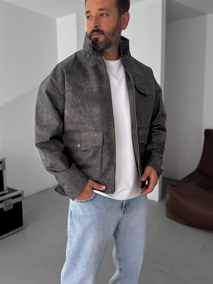 Double Pocket Effected Bomber Leather Jacket