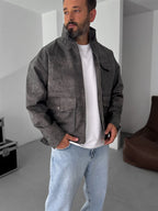 Double Pocket Effected Bomber Leather Jacket