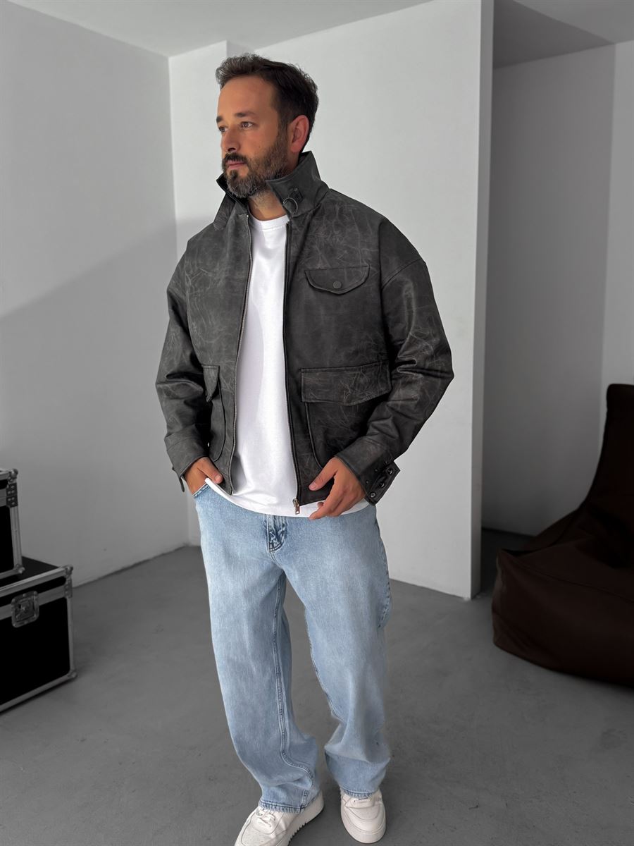 Double Pocket Effected Bomber Leather Jacket