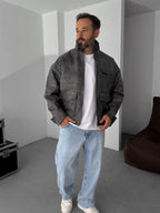 Double Pocket Effected Bomber Leather Jacket