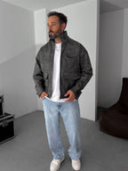 Double Pocket Effected Bomber Leather Jacket