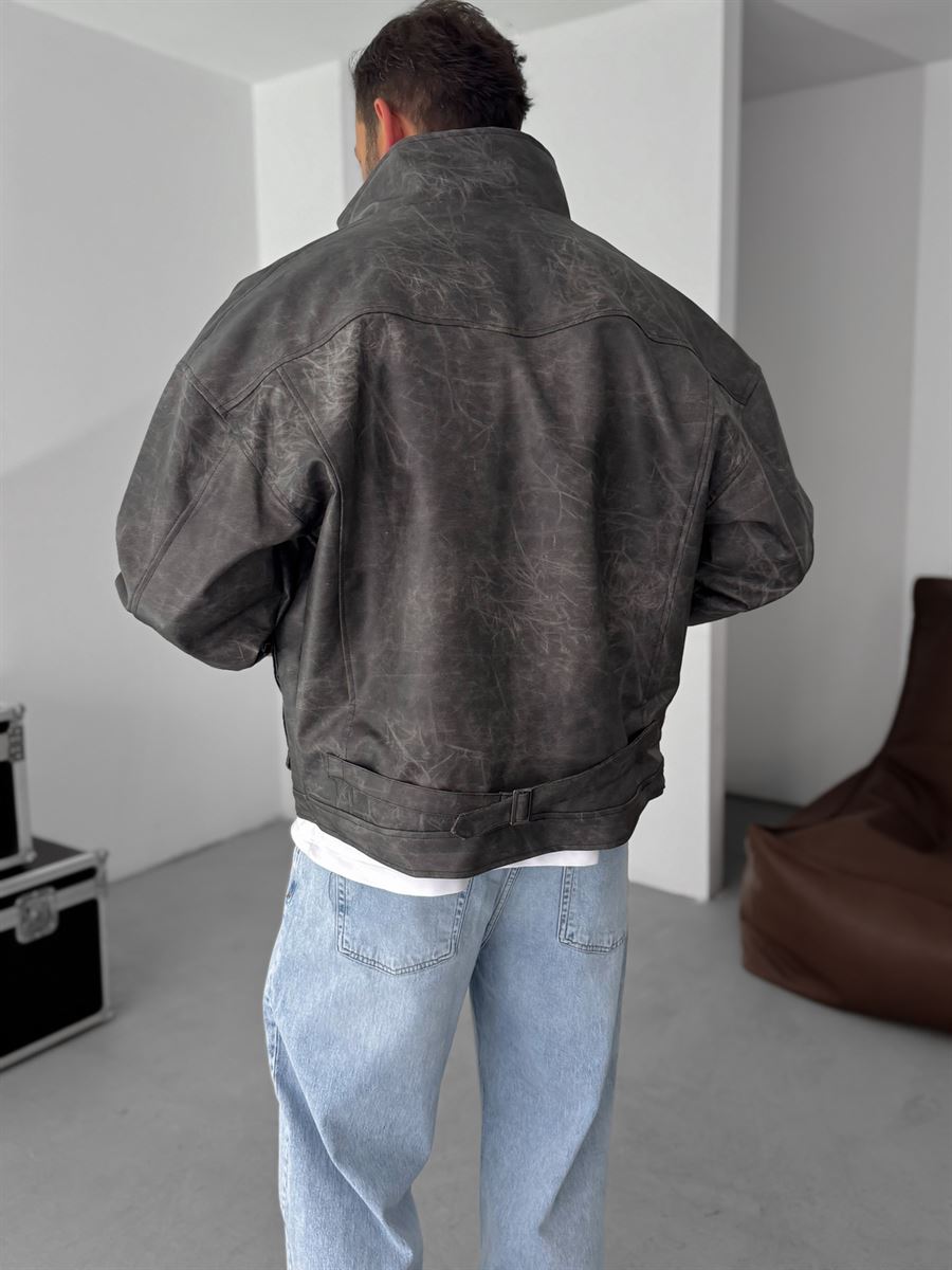 Double Pocket Effected Bomber Leather Jacket