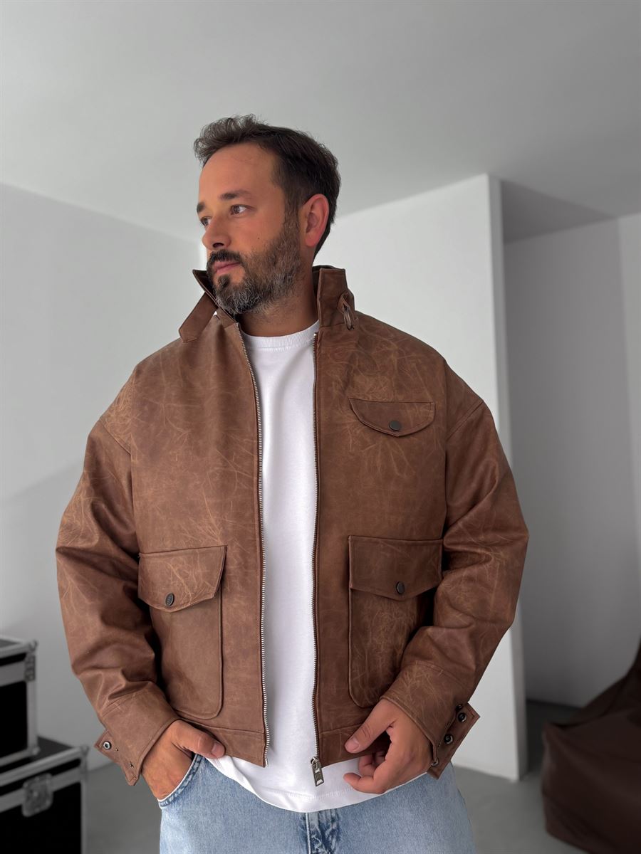Double Pocket Effected Bomber Leather Jacket