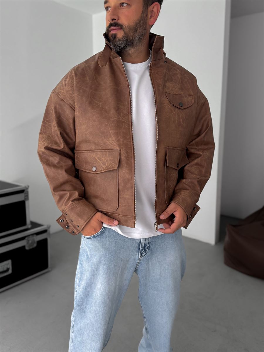 Double Pocket Effected Bomber Leather Jacket
