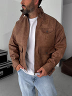 Double Pocket Effected Bomber Leather Jacket