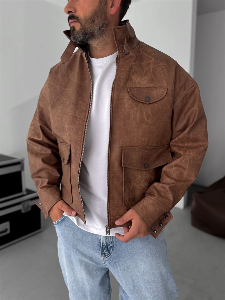 Double Pocket Effected Bomber Leather Jacket