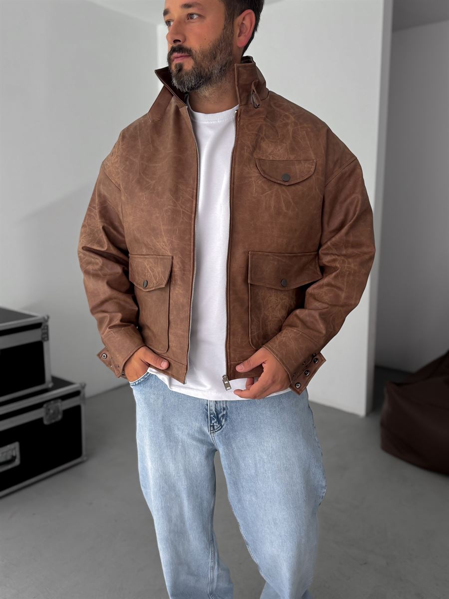 Double Pocket Effected Bomber Leather Jacket