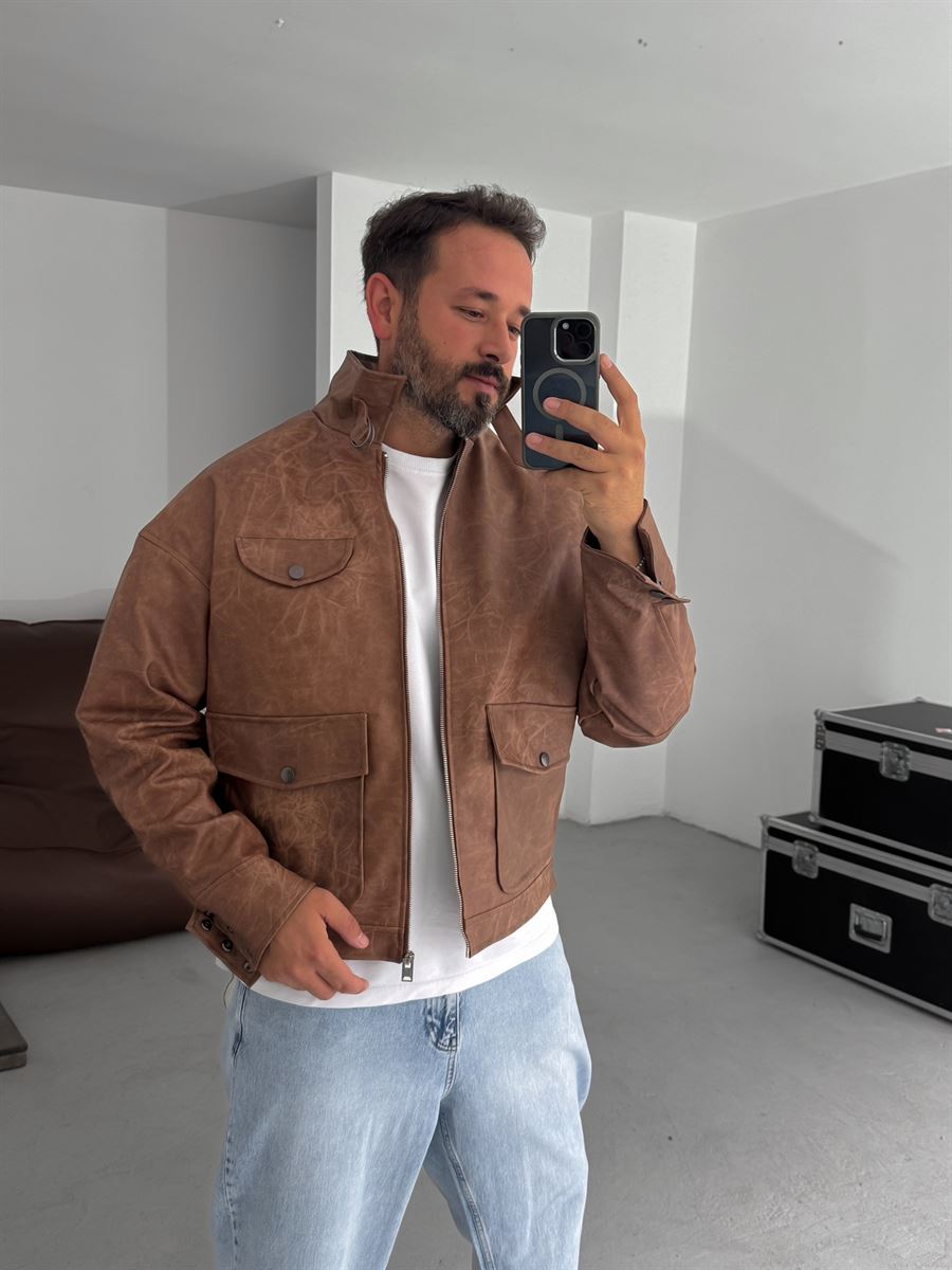 Double Pocket Effected Bomber Leather Jacket
