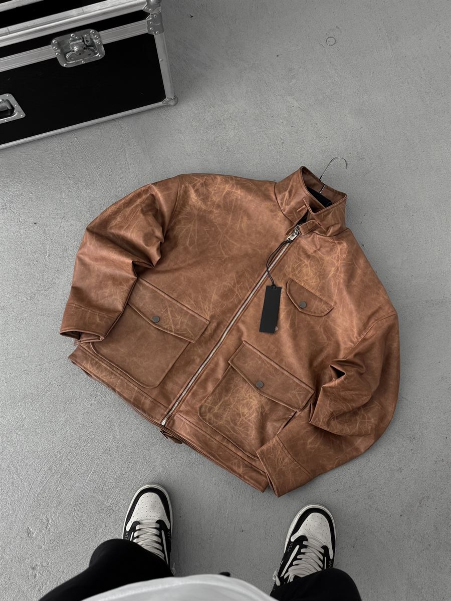 Double Pocket Effected Bomber Leather Jacket