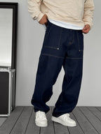 Navy Blue Baggy Jeans with Large Pockets and Stitching KE-927