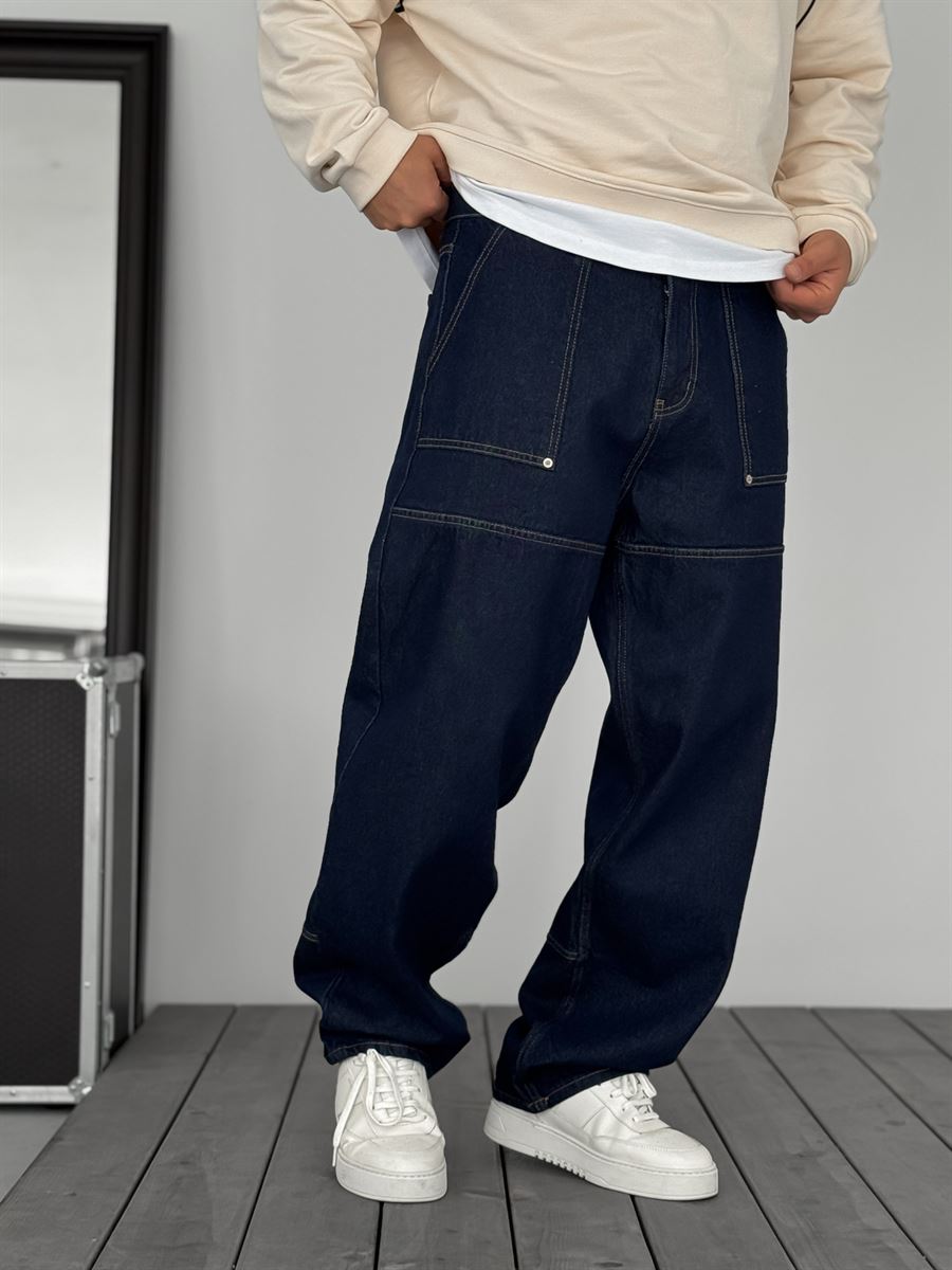 Navy Blue Baggy Jeans with Large Pockets and Stitching KE-927