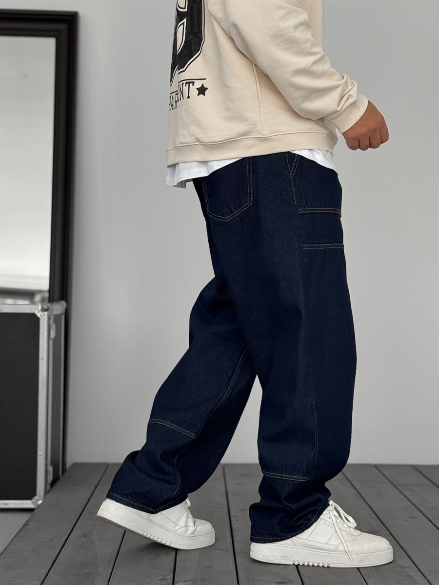 Navy Blue Baggy Jeans with Large Pockets and Stitching KE-927