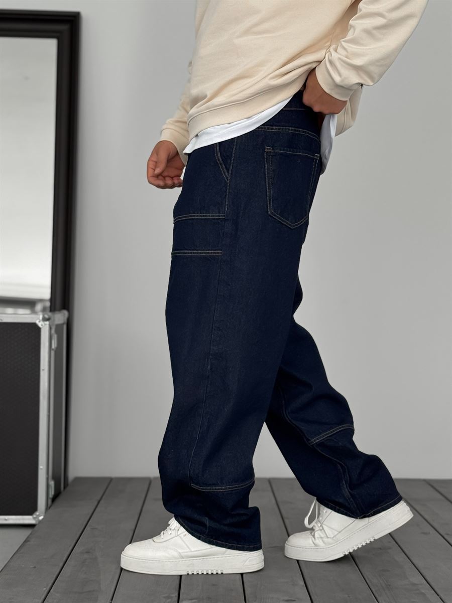 Navy Blue Baggy Jeans with Large Pockets and Stitching KE-927
