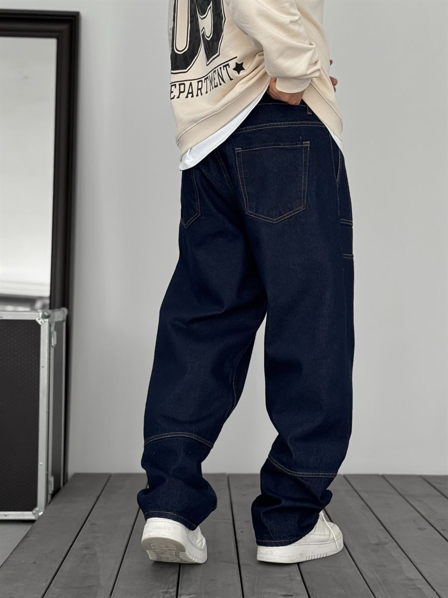 Navy Blue Baggy Jeans with Large Pockets and Stitching KE-927