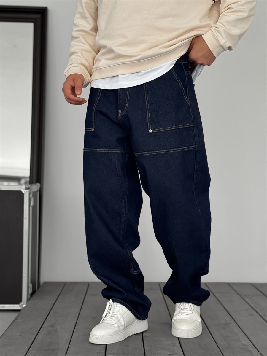 Navy Blue Baggy Jeans with Large Pockets and Stitching KE-927