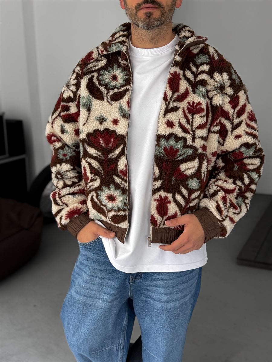 Floral Patterned Zipped Plush Jacket