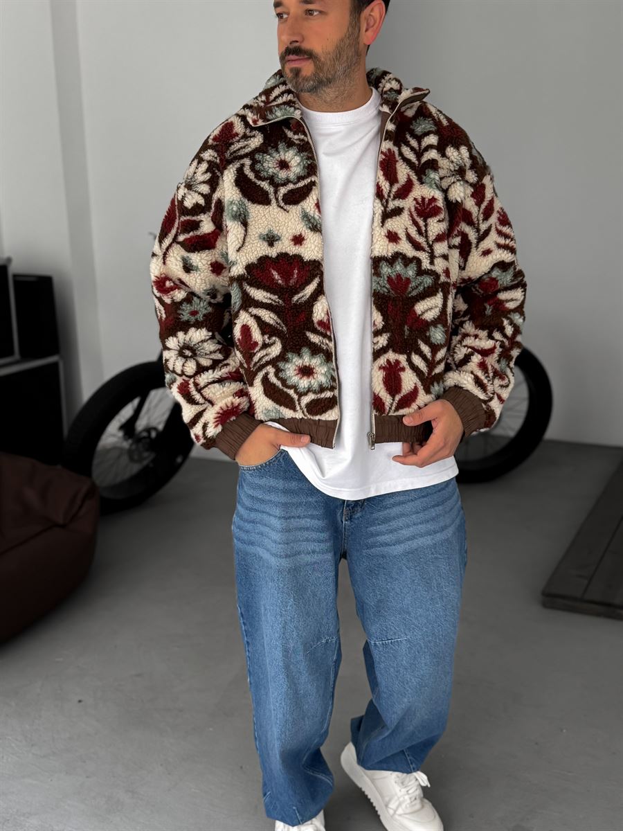 Floral Patterned Zipped Plush Jacket