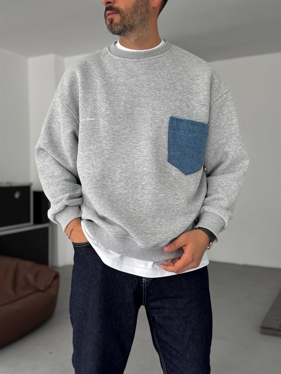 Front Denim Pocket Sweatshirt