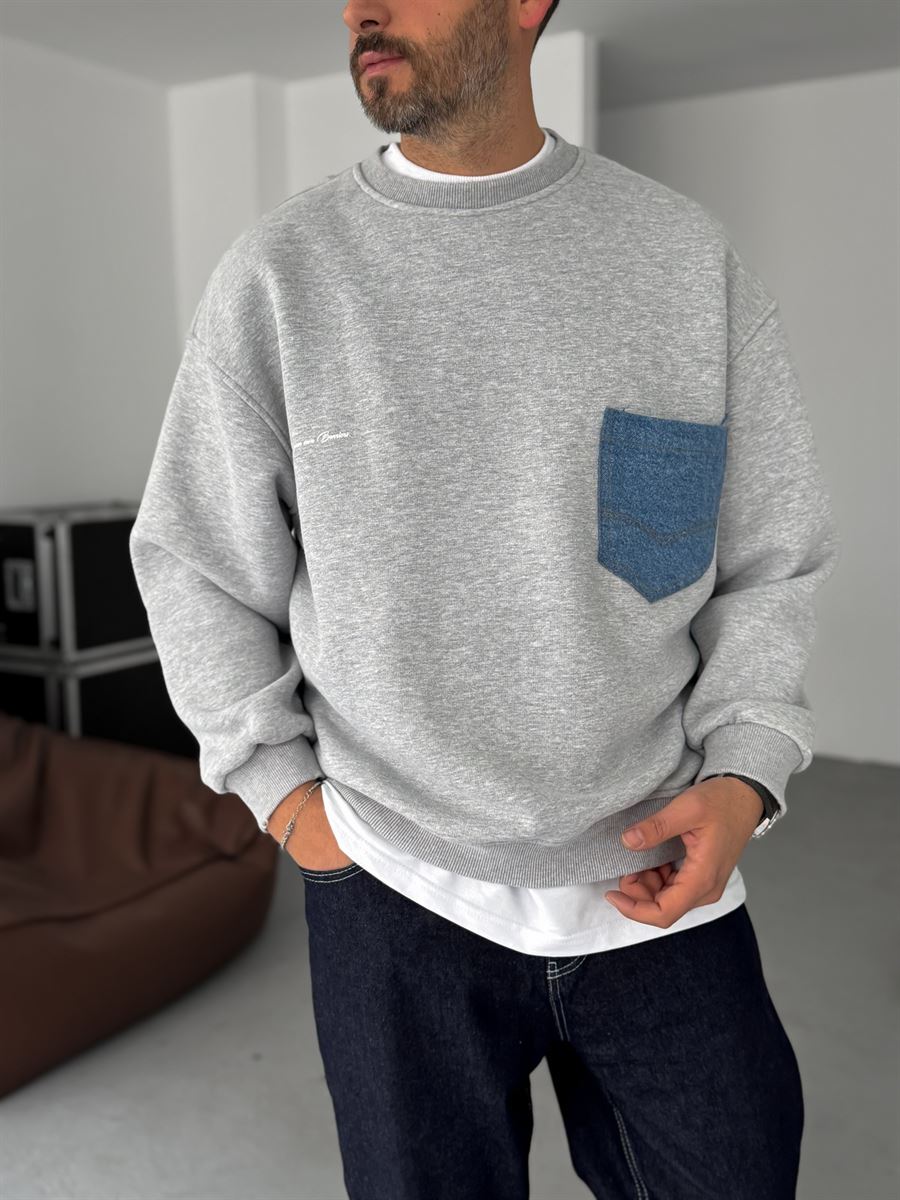Front Denim Pocket Sweatshirt