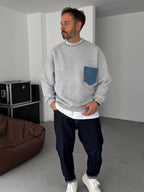 Front Denim Pocket Sweatshirt