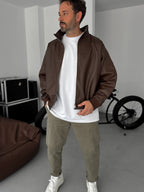 Ribbed Leather Jacket with Sleeve Detail