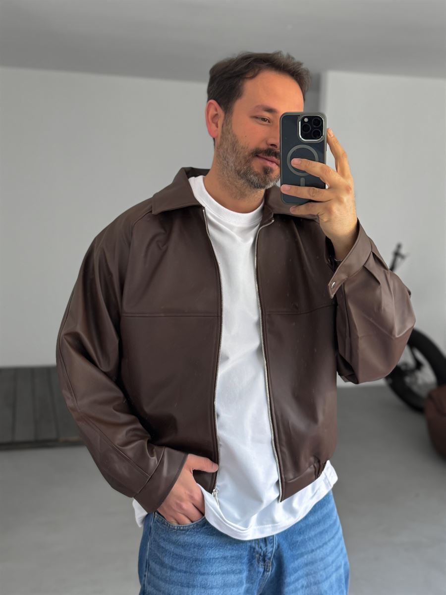 Leather Jacket with Buttoned Sleeves