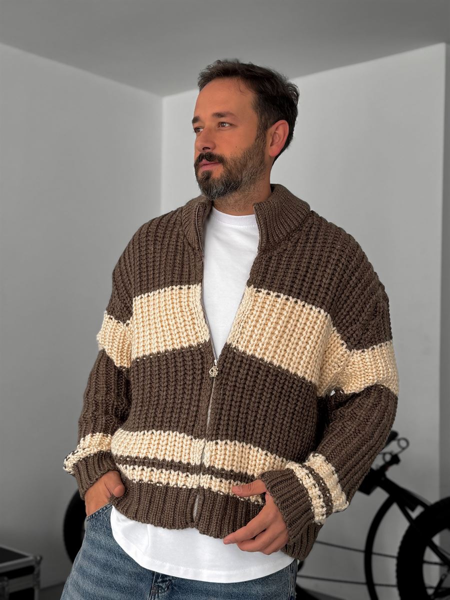 Striped Zipped Knitted Cardigan