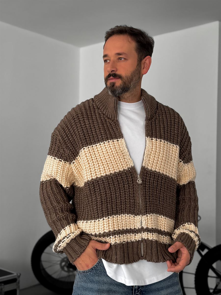Striped Zipped Knitted Cardigan