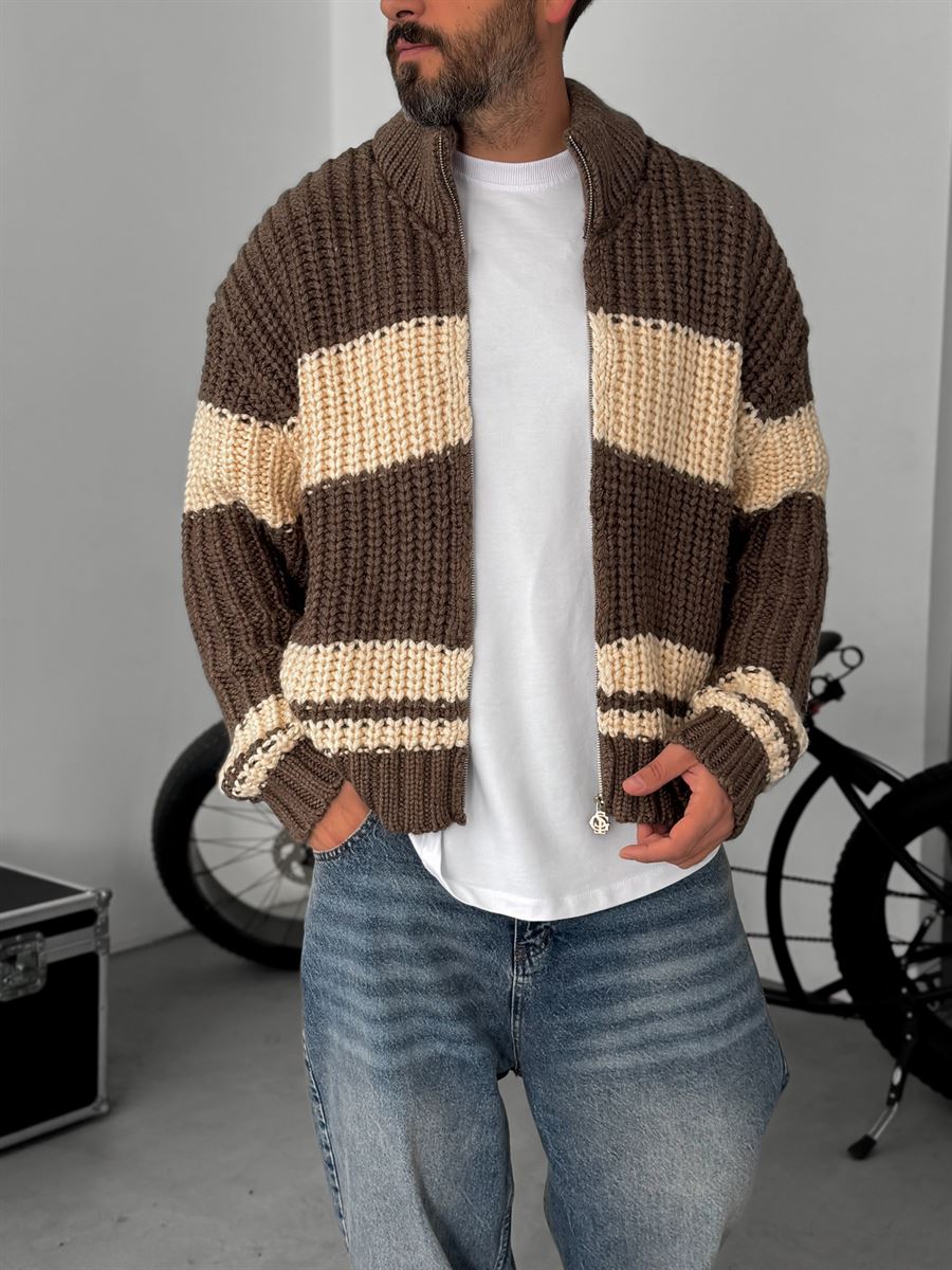 Striped Zipped Knitted Cardigan