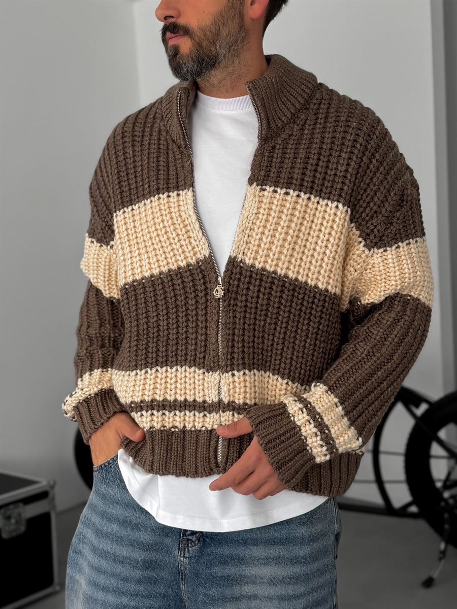 Striped Zipped Knitted Cardigan