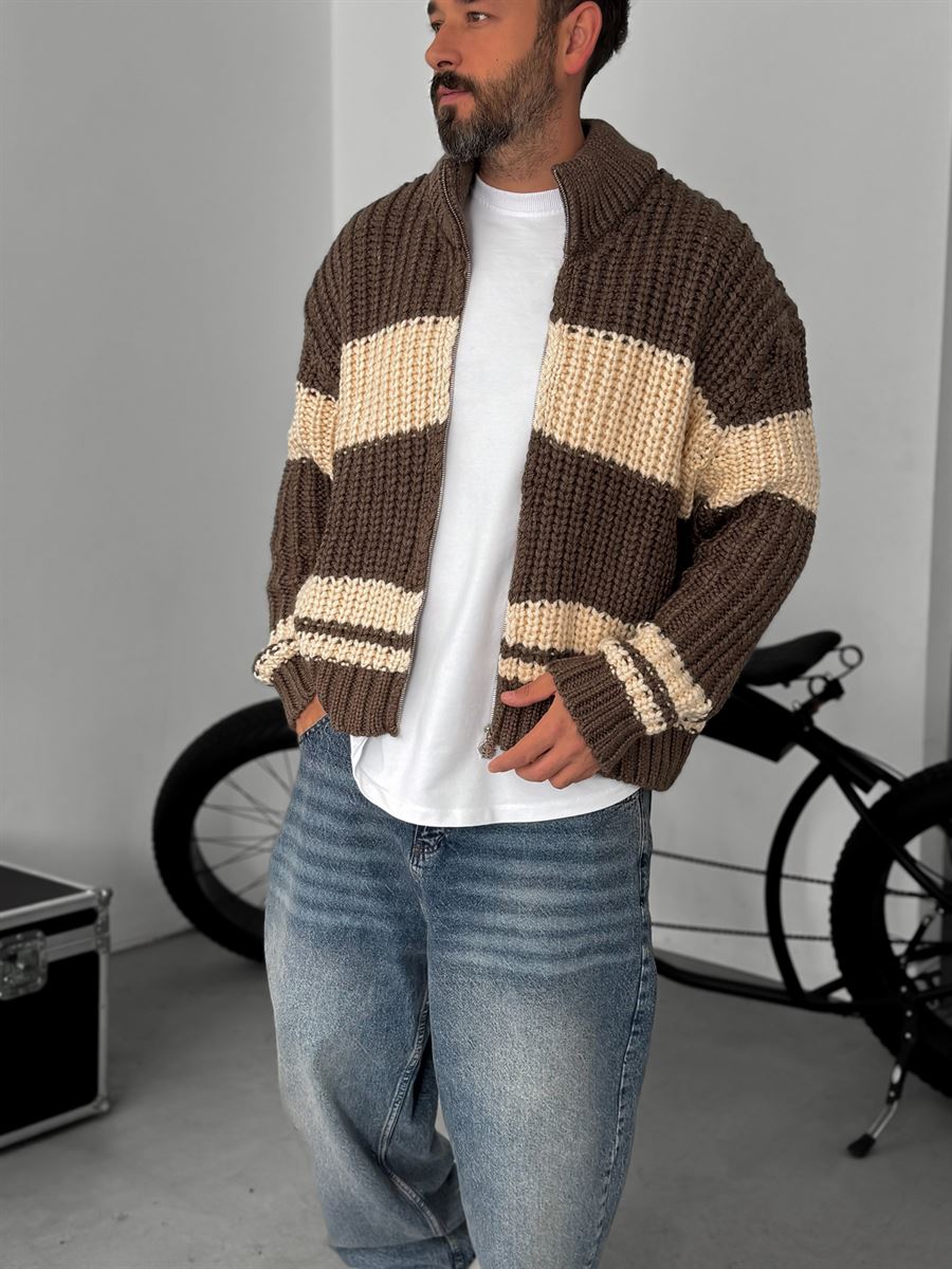 Striped Zipped Knitted Cardigan