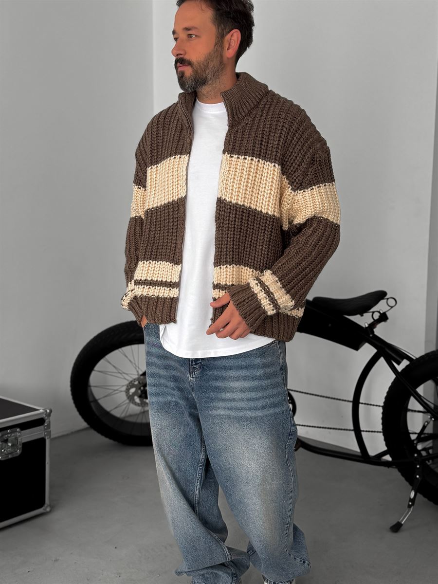 Striped Zipped Knitted Cardigan