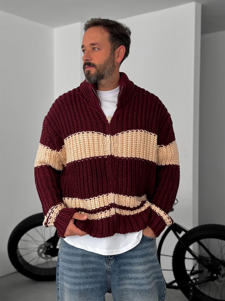 Striped Zipped Knitted Cardigan