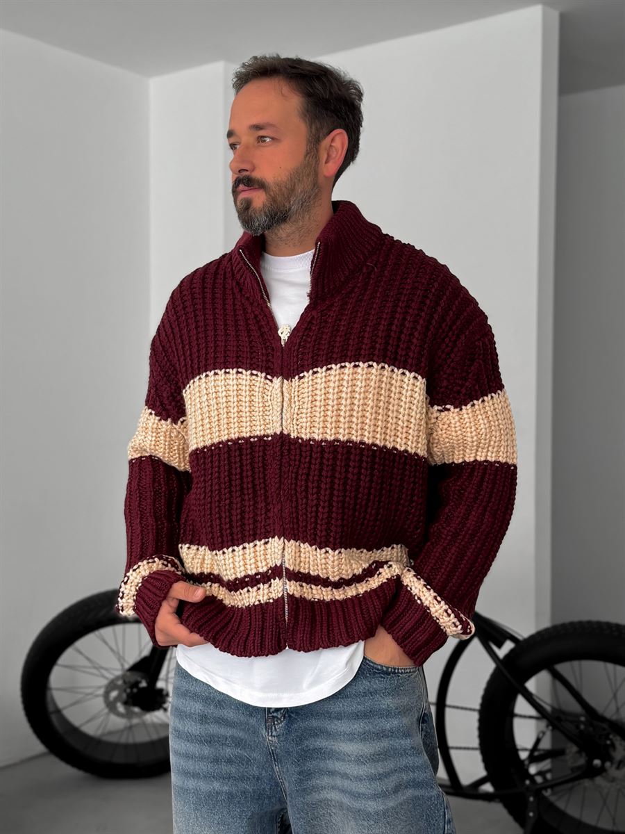 Striped Zipped Knitted Cardigan