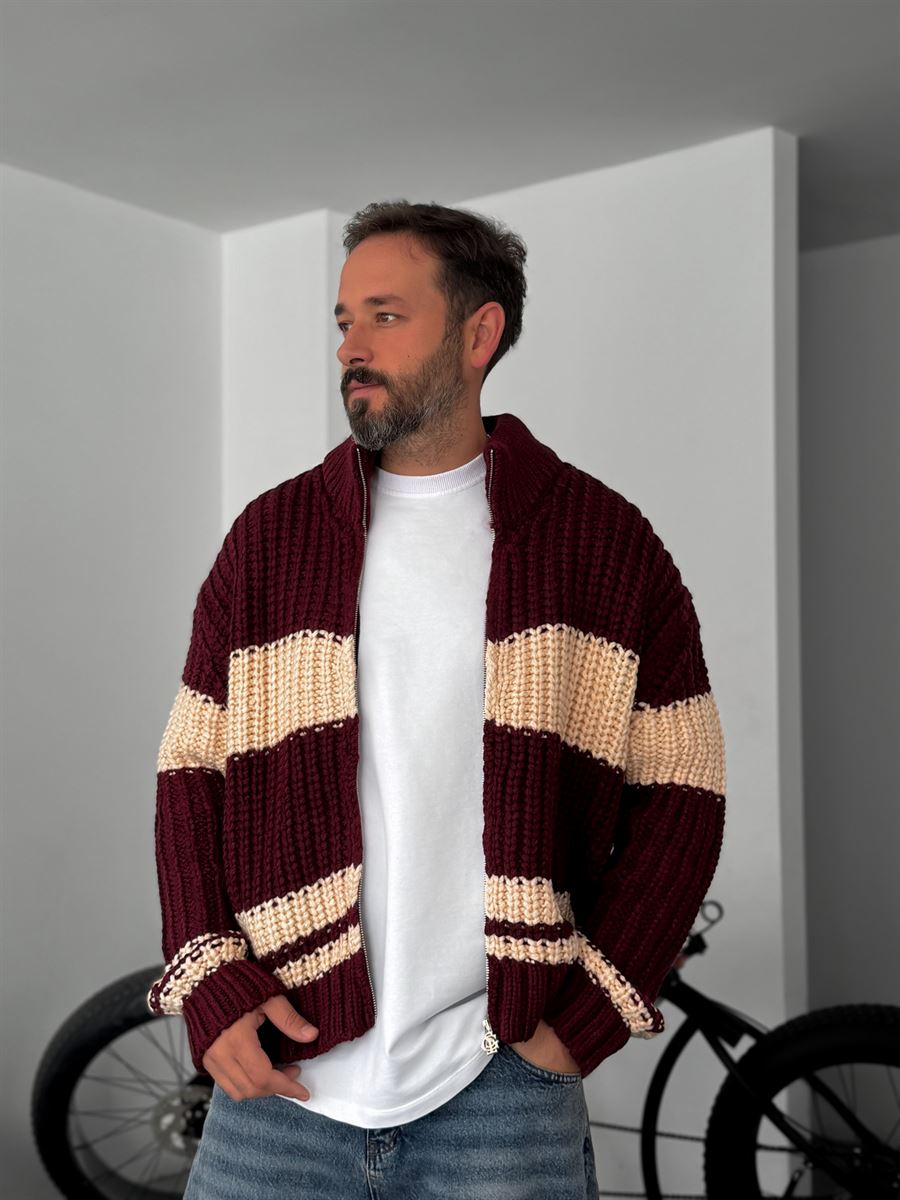 Striped Zipped Knitted Cardigan