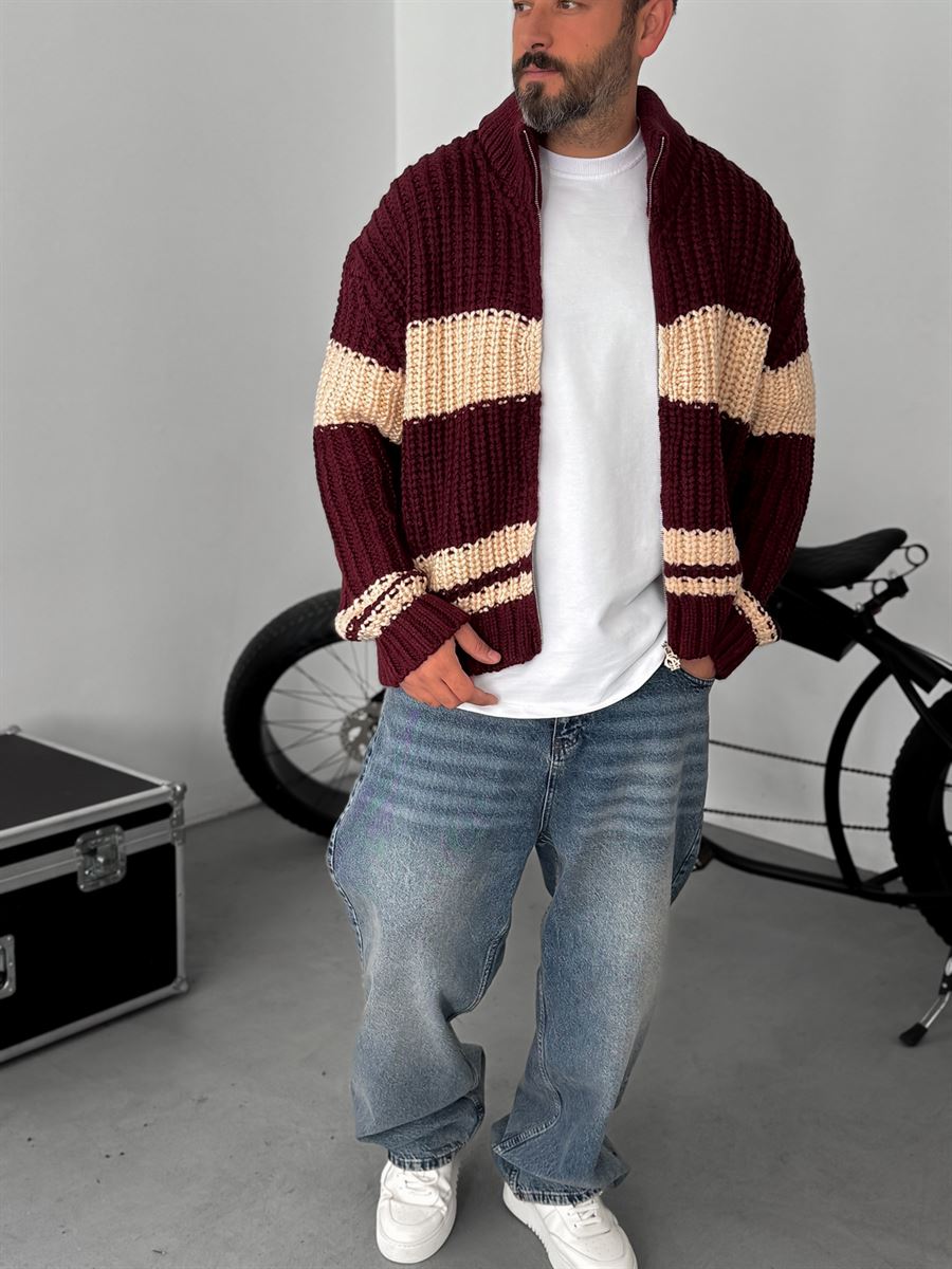 Striped Zipped Knitted Cardigan