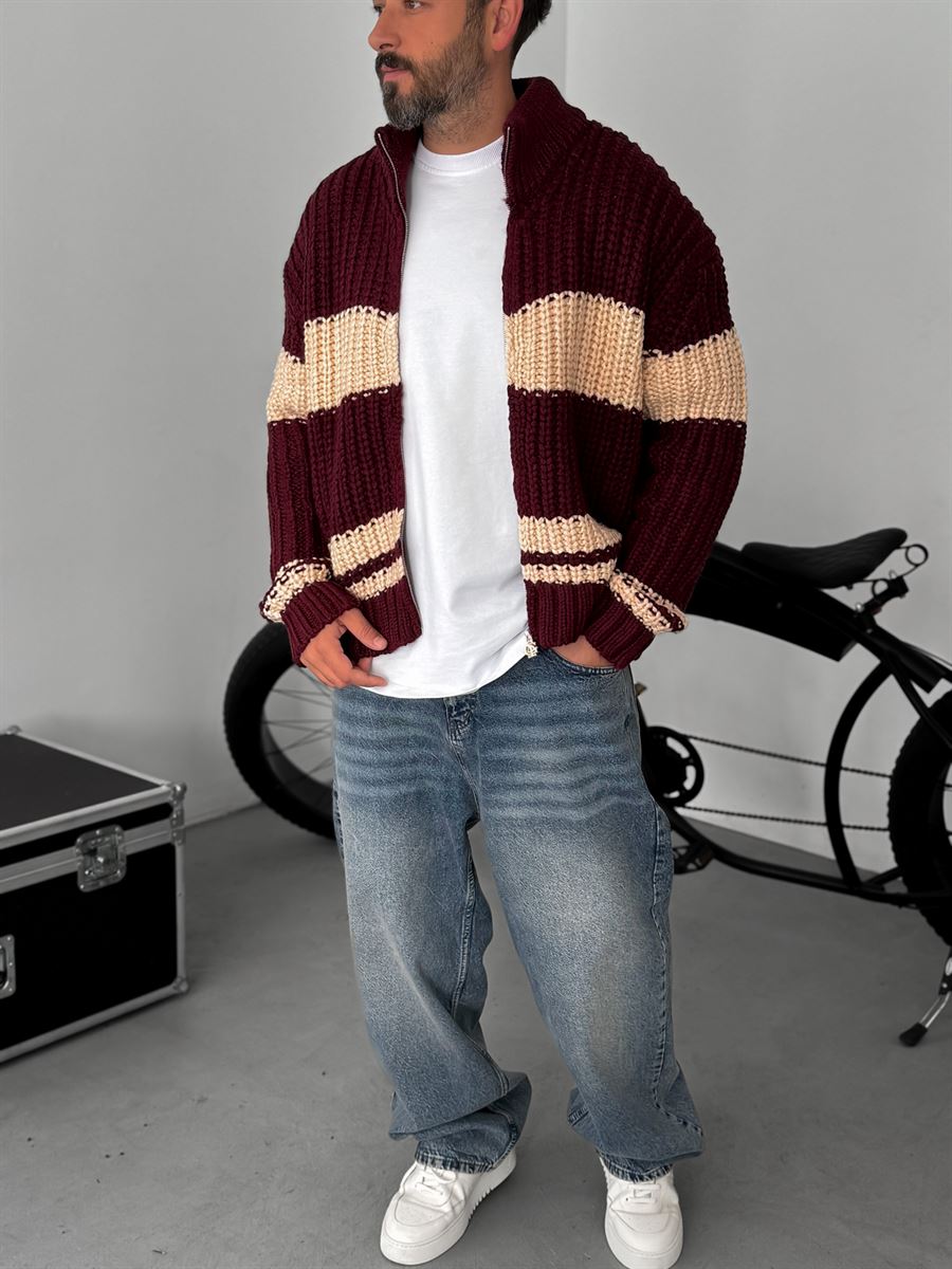 Striped Zipped Knitted Cardigan
