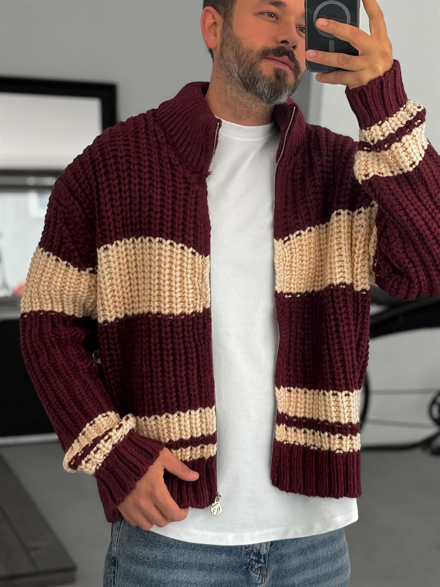 Striped Zipped Knitted Cardigan