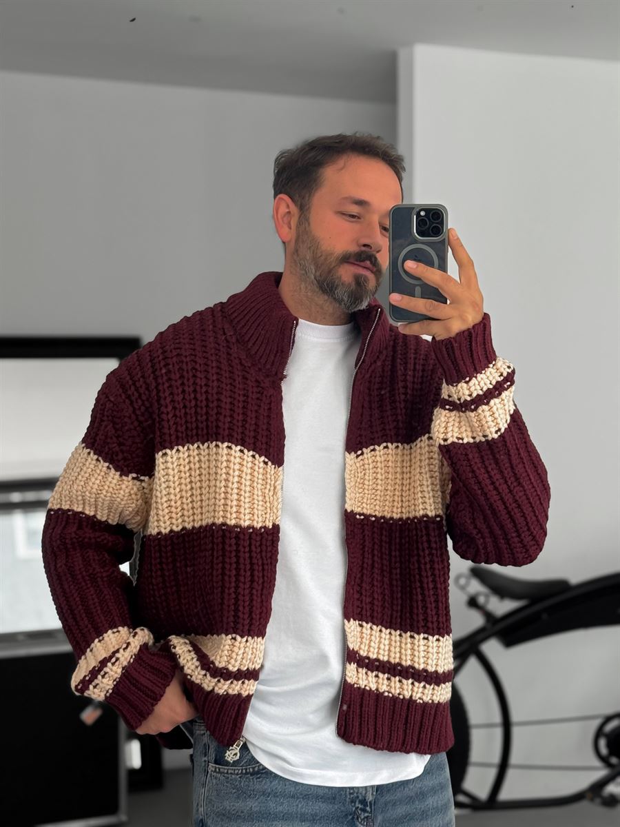 Striped Zipped Knitted Cardigan
